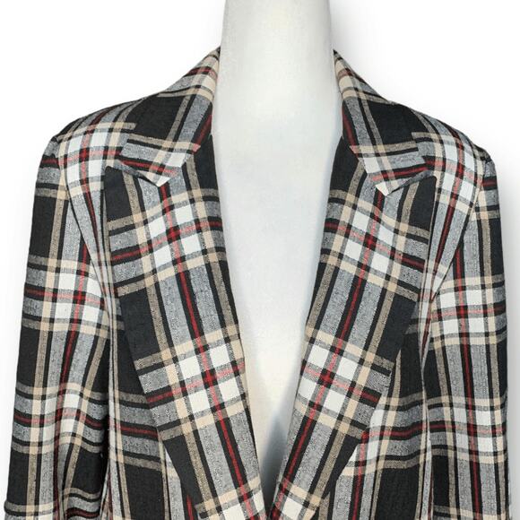 Vintage 90s Blazer Jacket Oversized Black Tan Plaid One Button Preppy Small - Picture 3 of 9